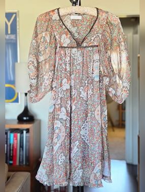 Lynn Adler Boho Floral Puff-Sleeve Silk Mini Dress